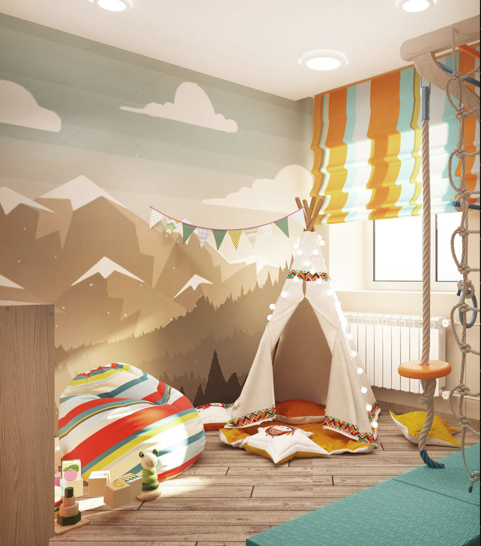 Дизайн интерьера детской игровой комнаты 9 кв.м с красными оттенками, шведская стенка, кресло мешок, вигвам, декор