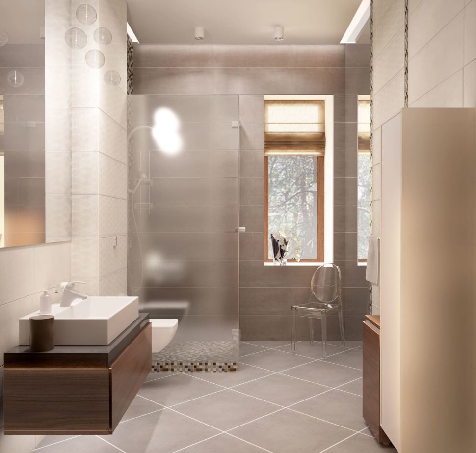 Дизайн-проект ванной с душевой 8 кв.м в коттедже с белыми оттенками, душевая кабинка, зеркало, раковина,тумба под дерево, белый шкаф