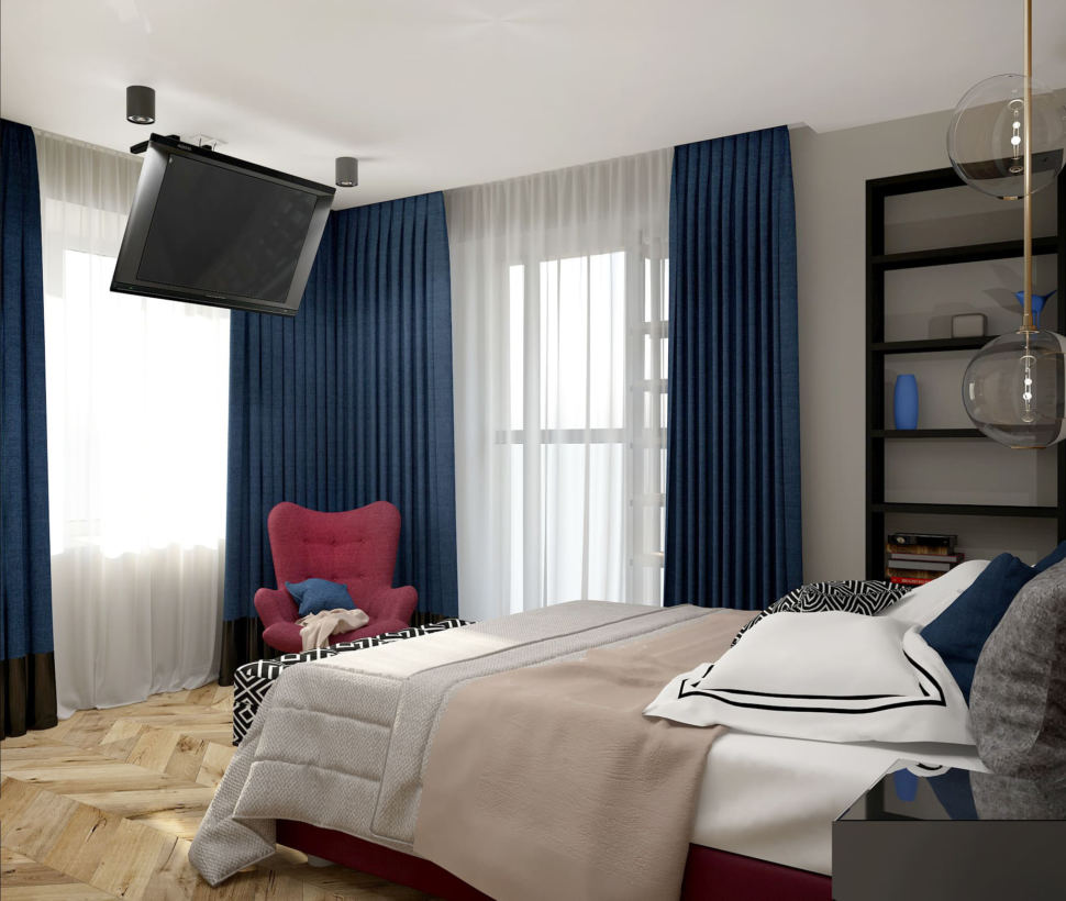Дизайн-проект спальни 16 кв.м в 4-х комнатной квартире с черными оттенками, банкетка, бордовое кресло, синие портьеры, белый шкаф