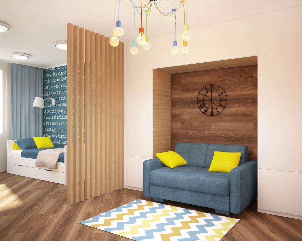Дизайн-проект детской комнаты 18 кв.м в бежевых и желтых тонах, синий диван, люстра, кровать, ламинат