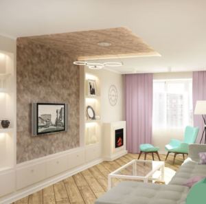 Визуализация гостиной 20 кв.м в древесных тонах, телевизор, белый шкаф, бирюзовое кресло, пуф, светильники