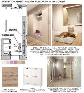 Концептуальный дизайн прихожей-коридора 14 кв.м в лавандовых и древесных тонах, пвх плитка, шкаф, белая галошница 