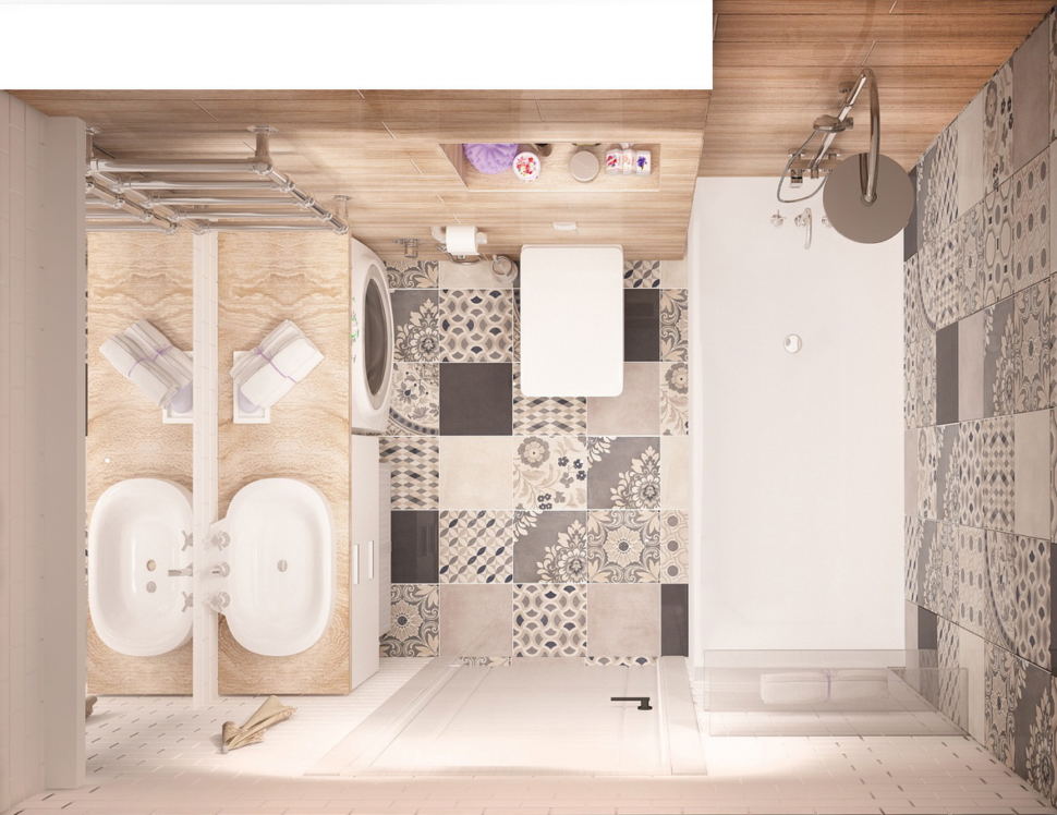 Интерьер ванной комнаты 4 кв.м в теплых оттенках, плитка под дерево, плитка с орнаментом, раковина, зеркало, тумба, стиральная машина